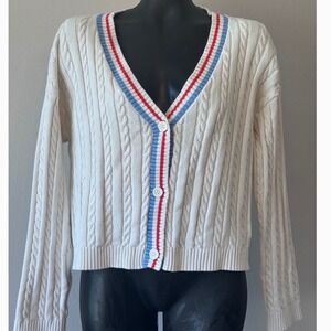Prince Pickleball Women's XXL Cable Knit Cardigan Sweater Cream Red Blue Stripe
